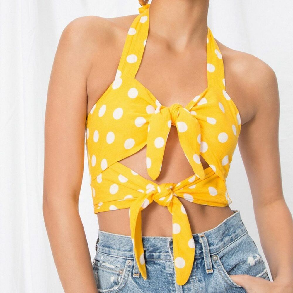 Womens Revolve Superdown Knotted Polka Dot Crop Top Size Medium